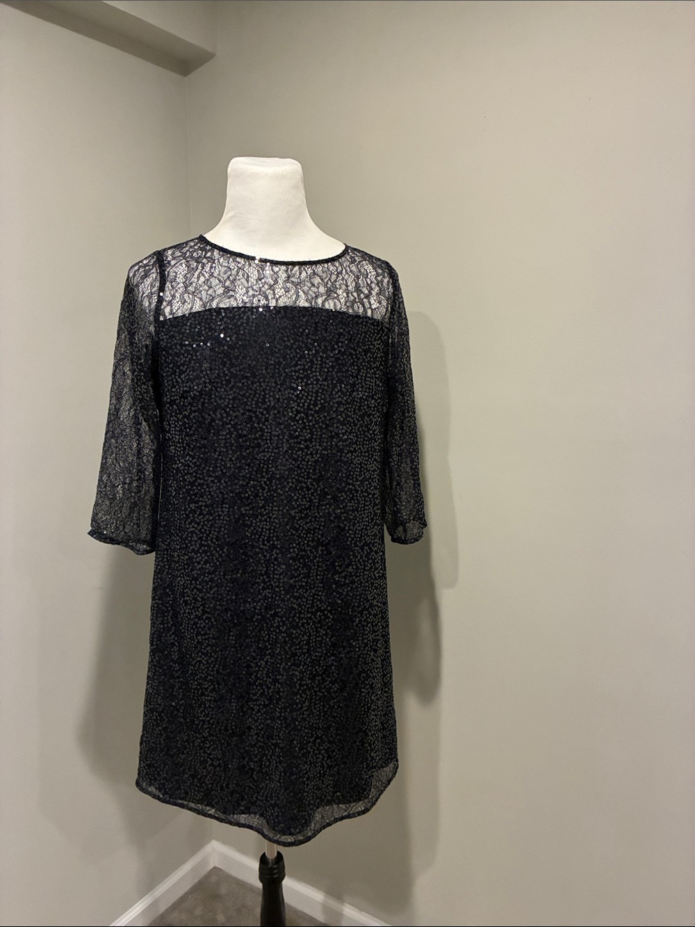Talbots Black Lace-Yoke Sequin Shift Dress